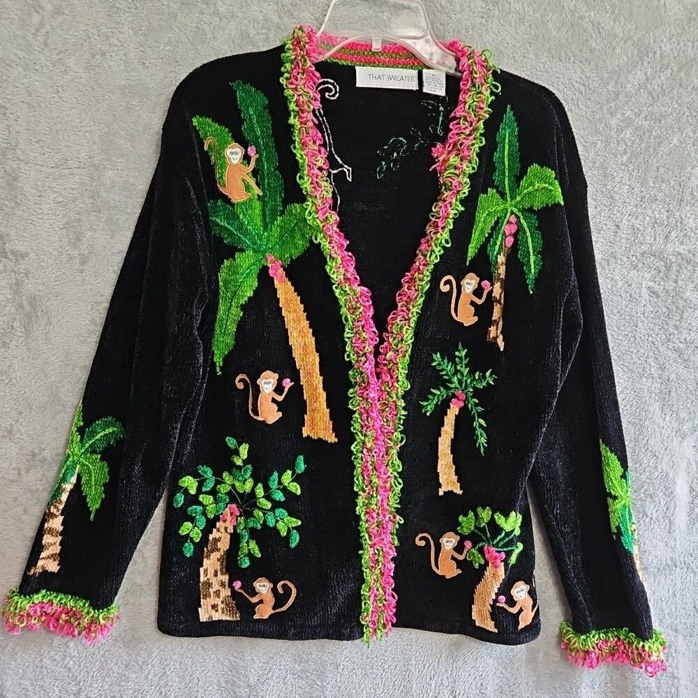 That Sweater women Med chenille Monkey Cardigan Sweater Wearable Art Neon Retro
